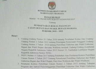 KPU Umumkan Jadwal Pendaftaran Bakal Calon Bupati dan Wakil Bupati Mamasa Periode 2018-2023